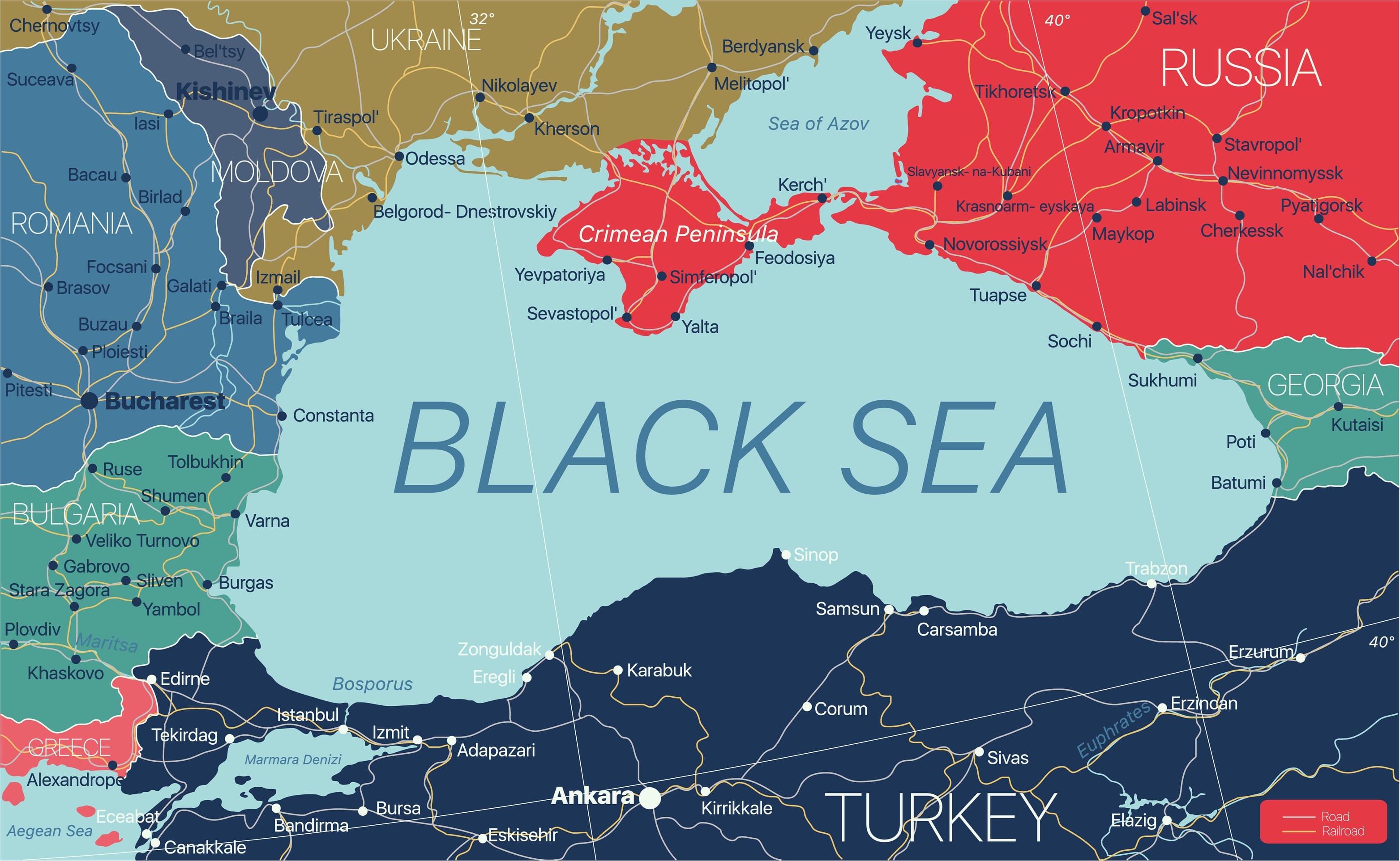 Black Sea region detailed editable map with regions cities and towns, roads and railways, geographic sites